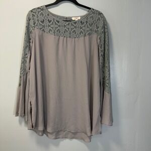 Umgee USA Women Silver Grey Lace Crochet Bell Sleeve Boho Blouse Top C3302 L